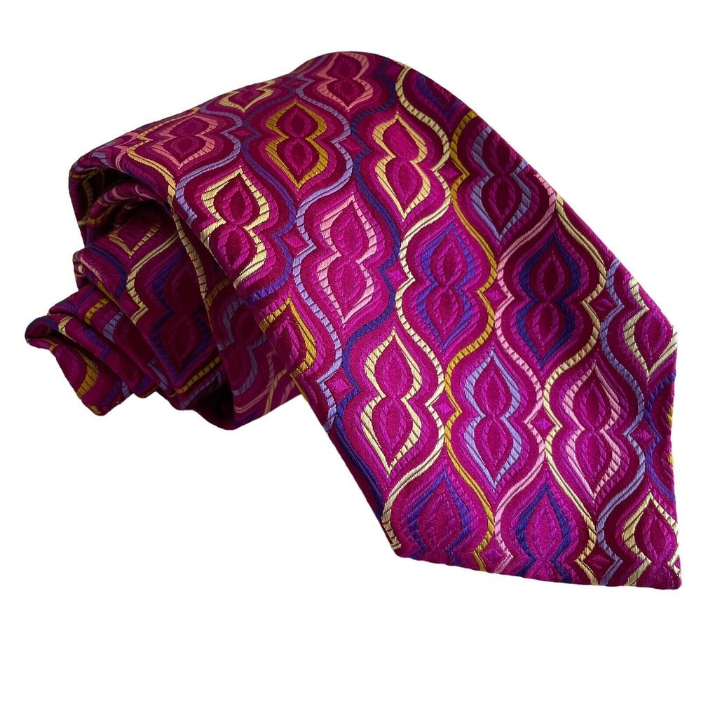Duchamp London Silk Necktie Pink Purple Gold Geometric NWT $130